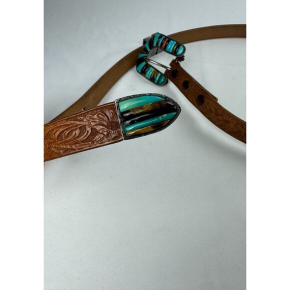 Vintage Rare Carlos Eagle Sterling Silver Inlay Buckle Belt Turquoise Coral Tige - Picture 4 of 9